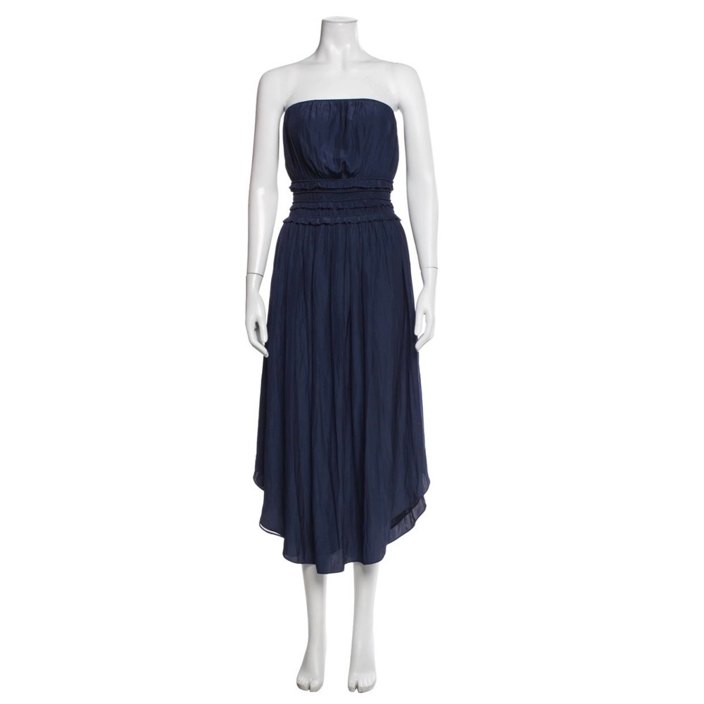 Ramy Brook Navy Blue Strapless Smocked Waist High-Low Midi Dress Size Small